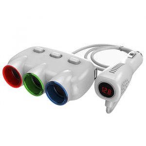 GR-CCS120 3-Socket 2-USB Car Power Adapter Charger w/ Voltage & Current LED Display -White